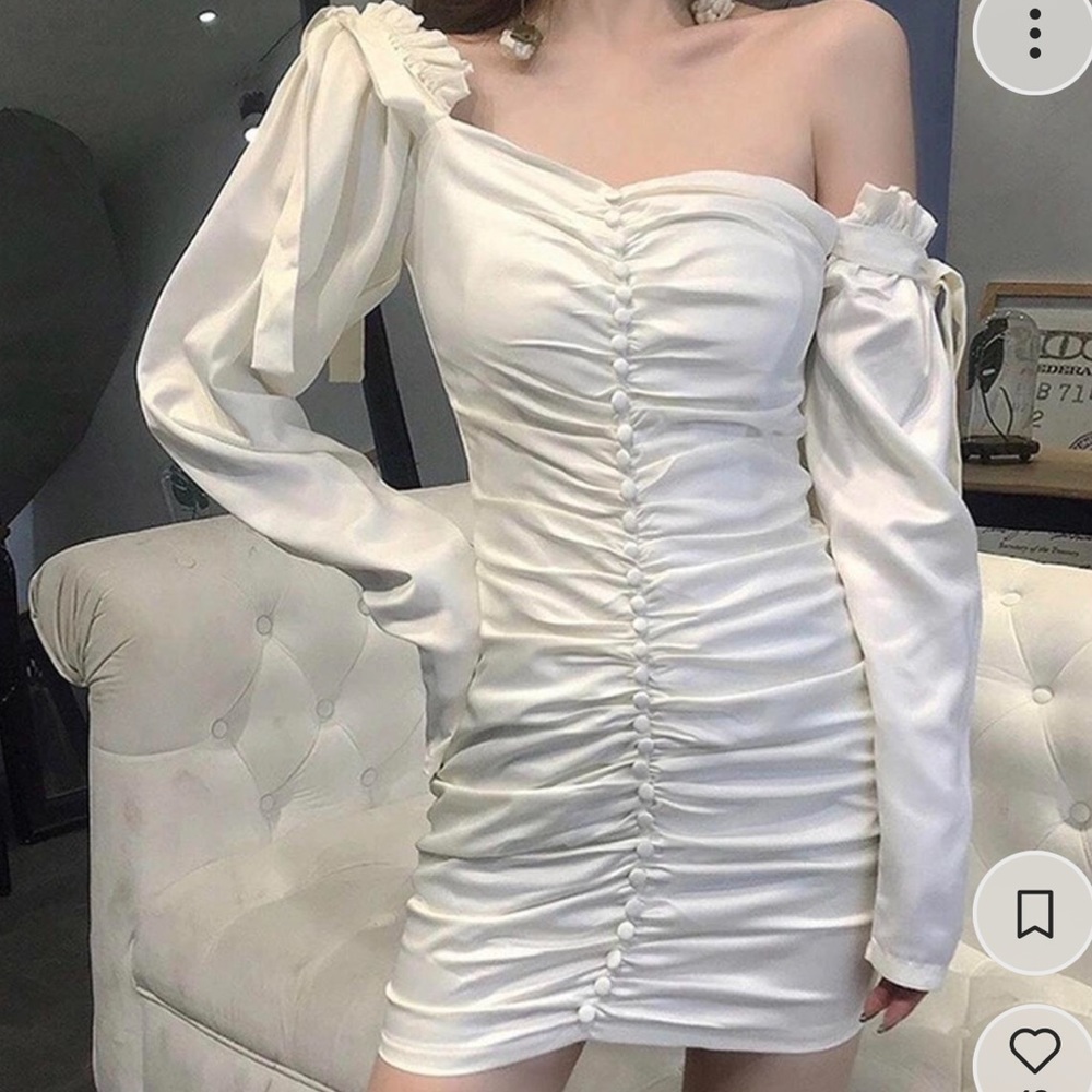 White Ruched Button Ribbon Mini Dress - Picture 8 of 9